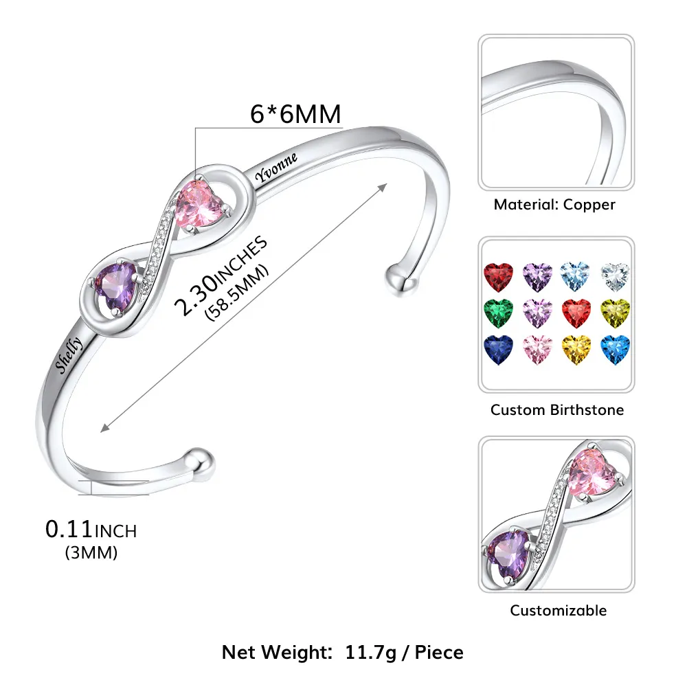 Bracelet Jonc Infini Personnalisé avec Pierres de Naissance et Noms Gravés pour Femme Taille
