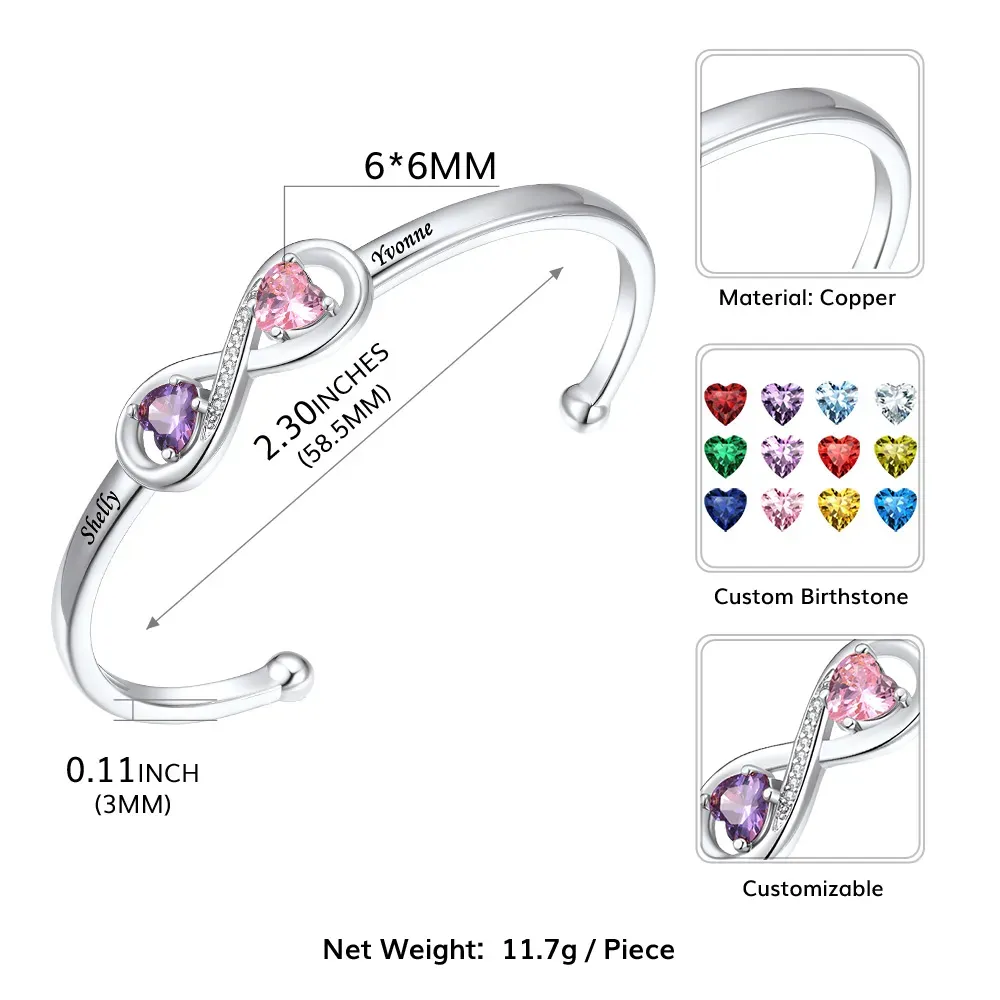 Bracelet Jonc Infini Personnalisé avec Pierres de Naissance et Noms Gravés pour Femme Taille