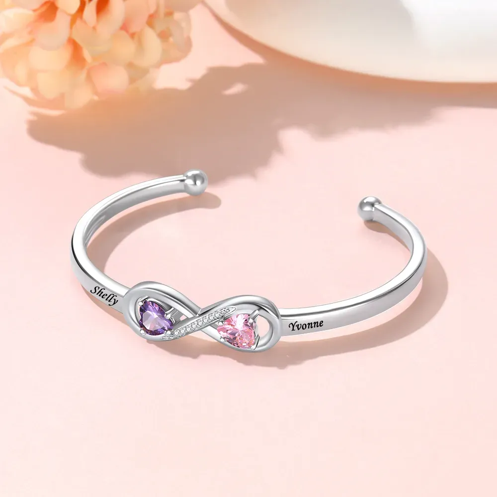 Bracelet Jonc Infini Personnalisé avec Pierres de Naissance et Noms Gravés argente
