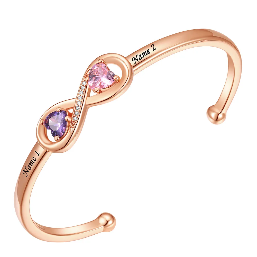 Bracelet Jonc Infini Personnalisé avec Pierres de Naissance et Noms Gravés pour Femme Or rose