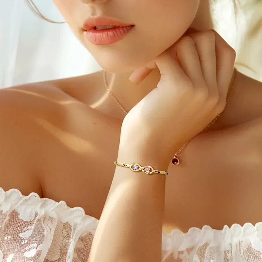 Bracelet Jonc Infini Personnalisé avec Pierres de Naissance et Noms Gravés pour Femme Modèle or
