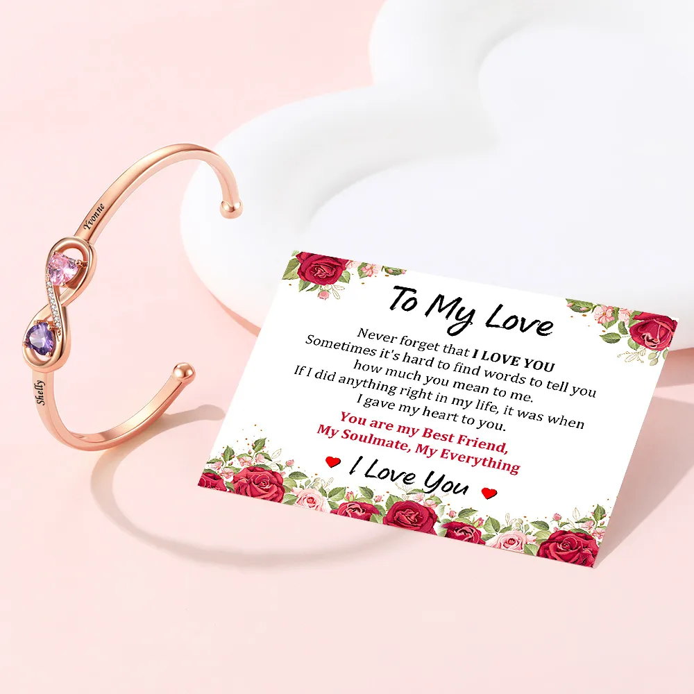 Bracelet Jonc Infini Personnalisé avec Pierres de Naissance et Noms Gravés pour  amour