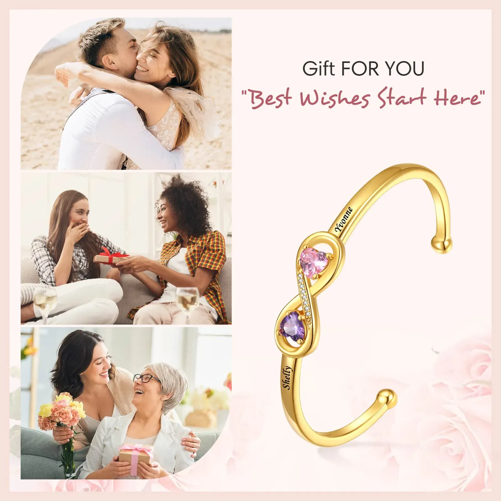 Bracelet Jonc Infini Personnalisé avec Pierres de Naissance et Noms Gravés cadeau pour Femme