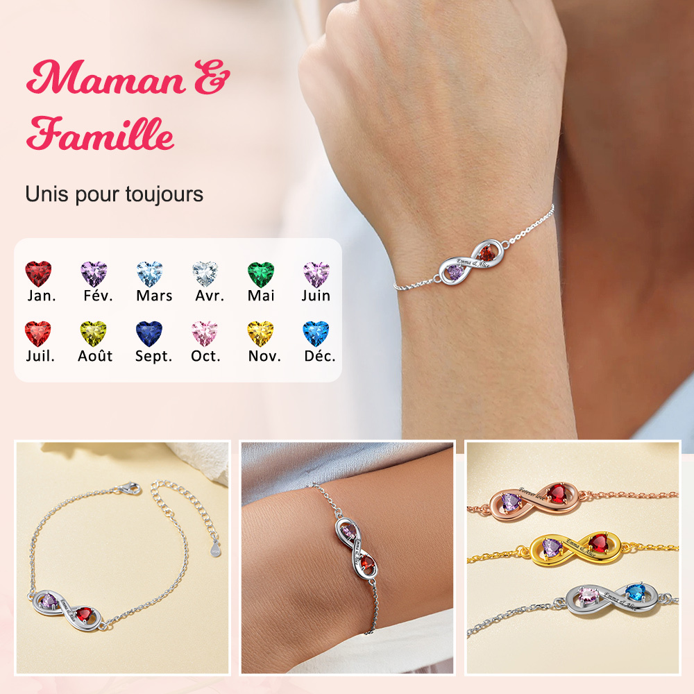 Bracelet Infini Personnalisé avec Prénoms et Pierres de Naissance cadeaux fete des meres