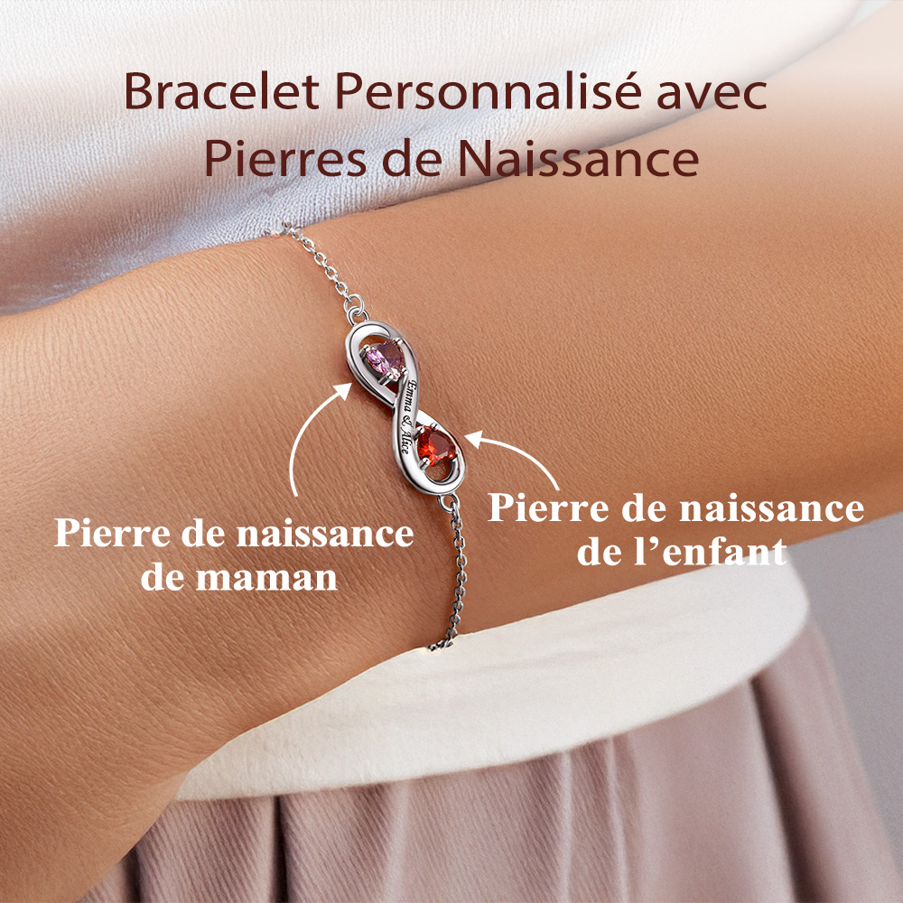 Bracelet Infini Personnalisé avec Prénoms et Pierres de Naissance pour maman