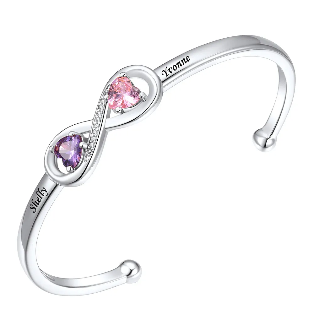 Bracelet Jonc Infini Personnalisé avec Pierres de Naissance et Noms Gravés pour Femme