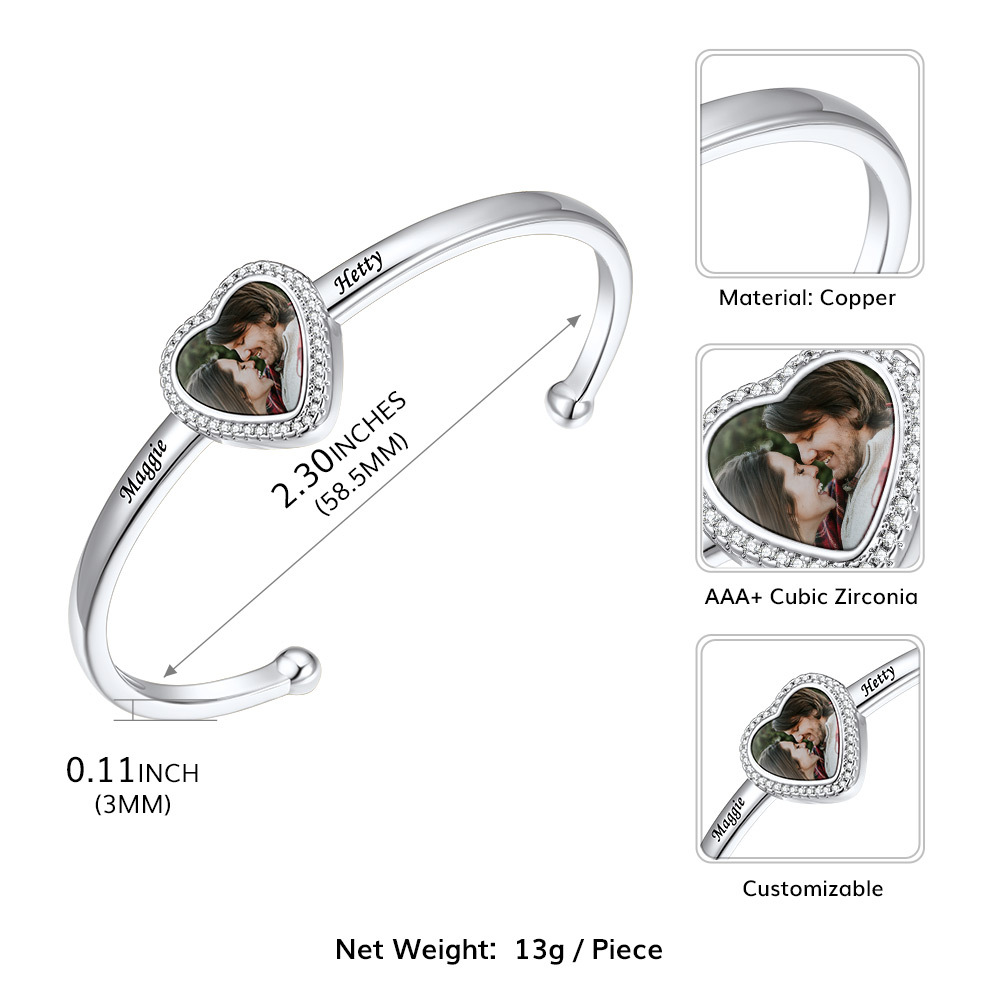 Bracelet Manchette Photo Cœur Personnalisé pour Femme taille 