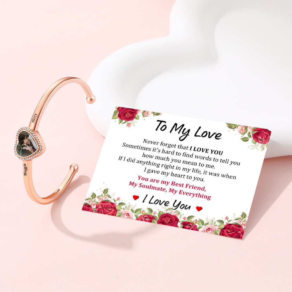 Bracelet Manchette Photo Cœur pour Femme or rose
