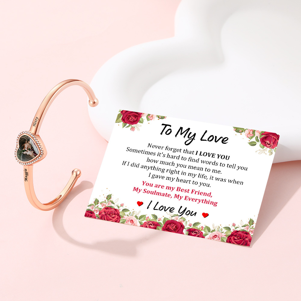 Bracelet Manchette Photo Cœur pour Femme or rose