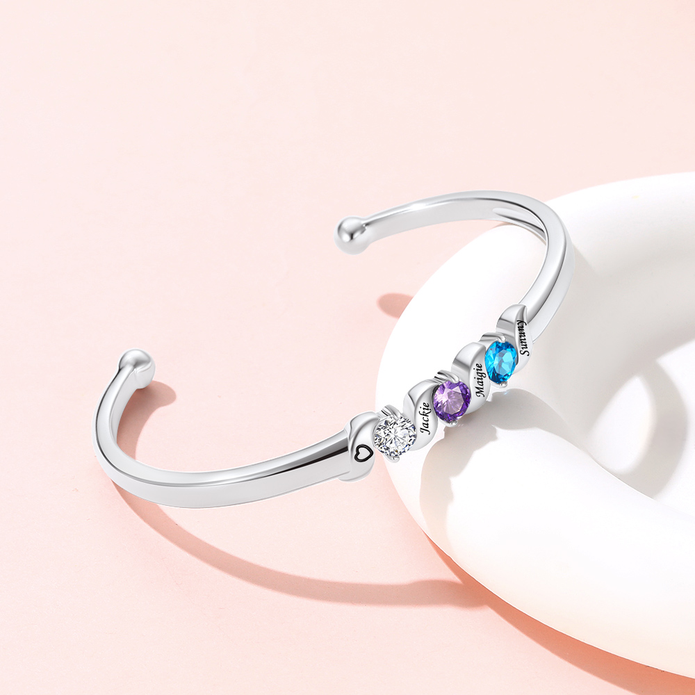 Bracelet Jonc Personnalisé avec 3 Pierres de Naissance et Prénoms Gravés