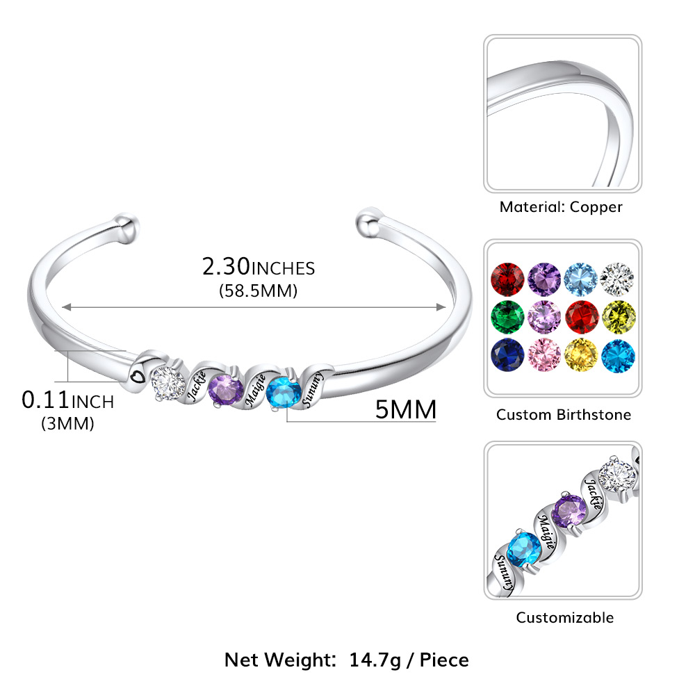 Bracelet Jonc Personnalisé avec Pierres de Naissance et Prénoms Gravés Taille