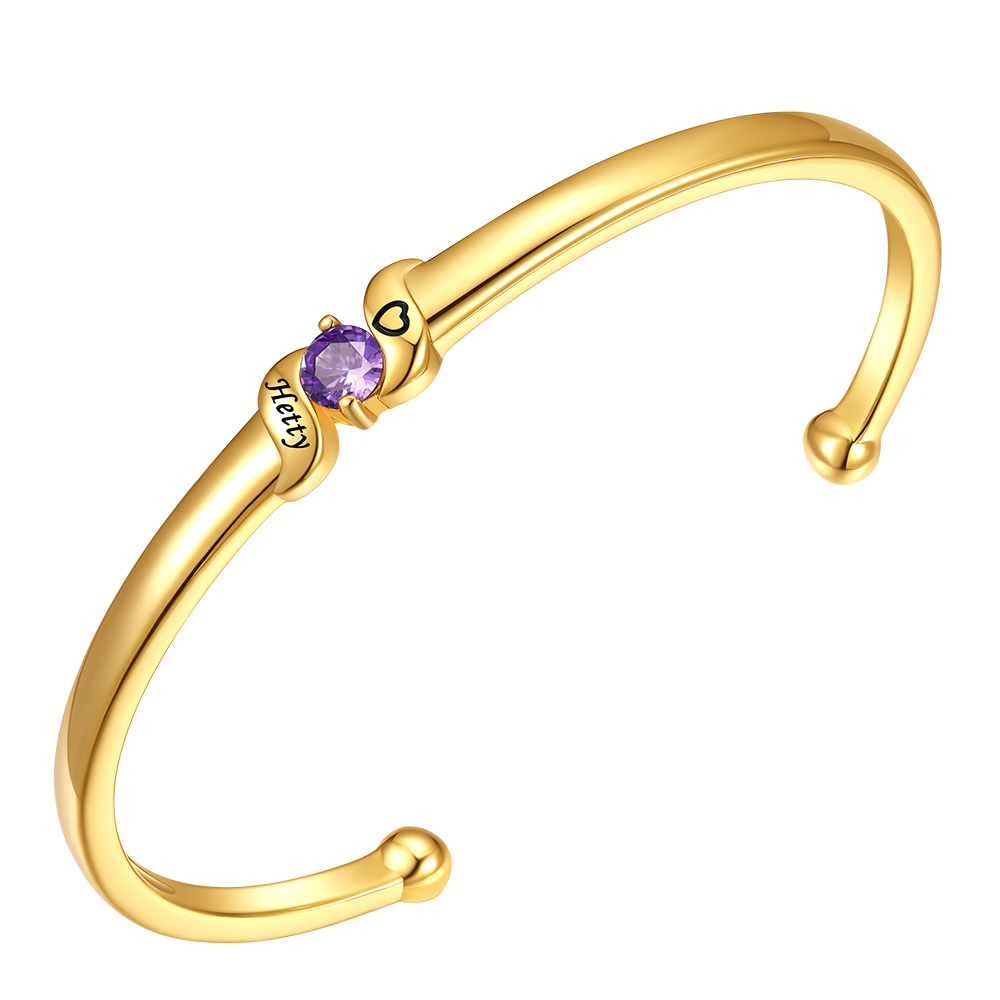 Bracelet Jonc Personnalisé avec 1 Pierre de Naissance et Prénoms Gravés Or