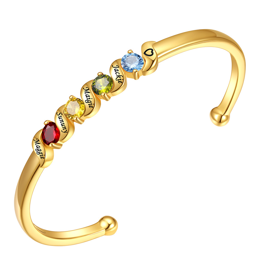 Bracelet Jonc Personnalisé avec 4 Pierres de Naissance et Prénoms Gravés Or