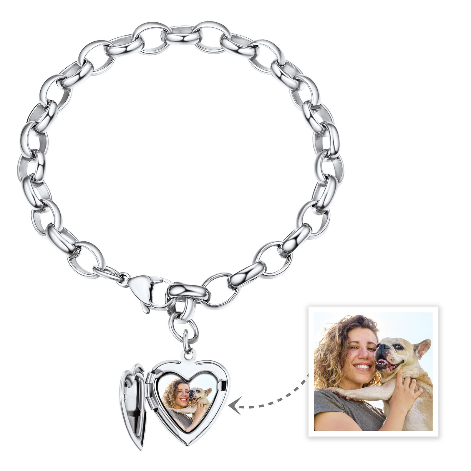  Bracelet Personnalisé avec Nom Gravé et Médaillon Photo Cœur