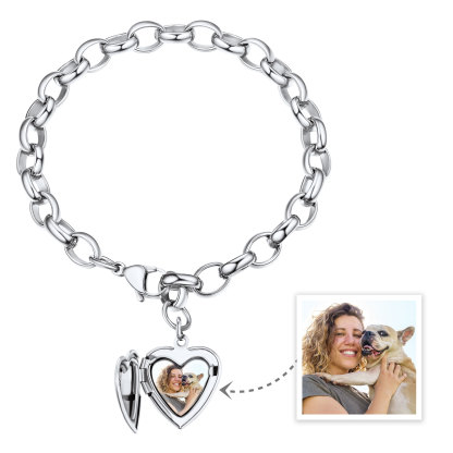  Bracelet Personnalisé avec Nom Gravé et Médaillon Photo Cœur