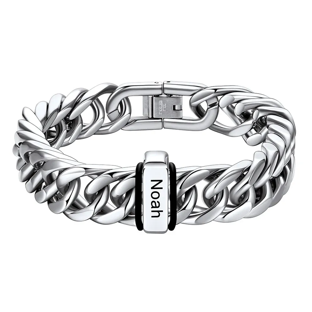 Bracelet Personnalisé avec 1 Perles Gravées et Chaîne Cubaine pour Homme 12cm