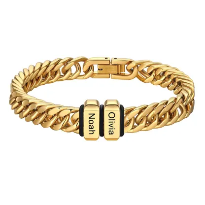 Bracelet or Personnalisé avec 2 Perles Gravées et Chaîne Cubaine pour Homme