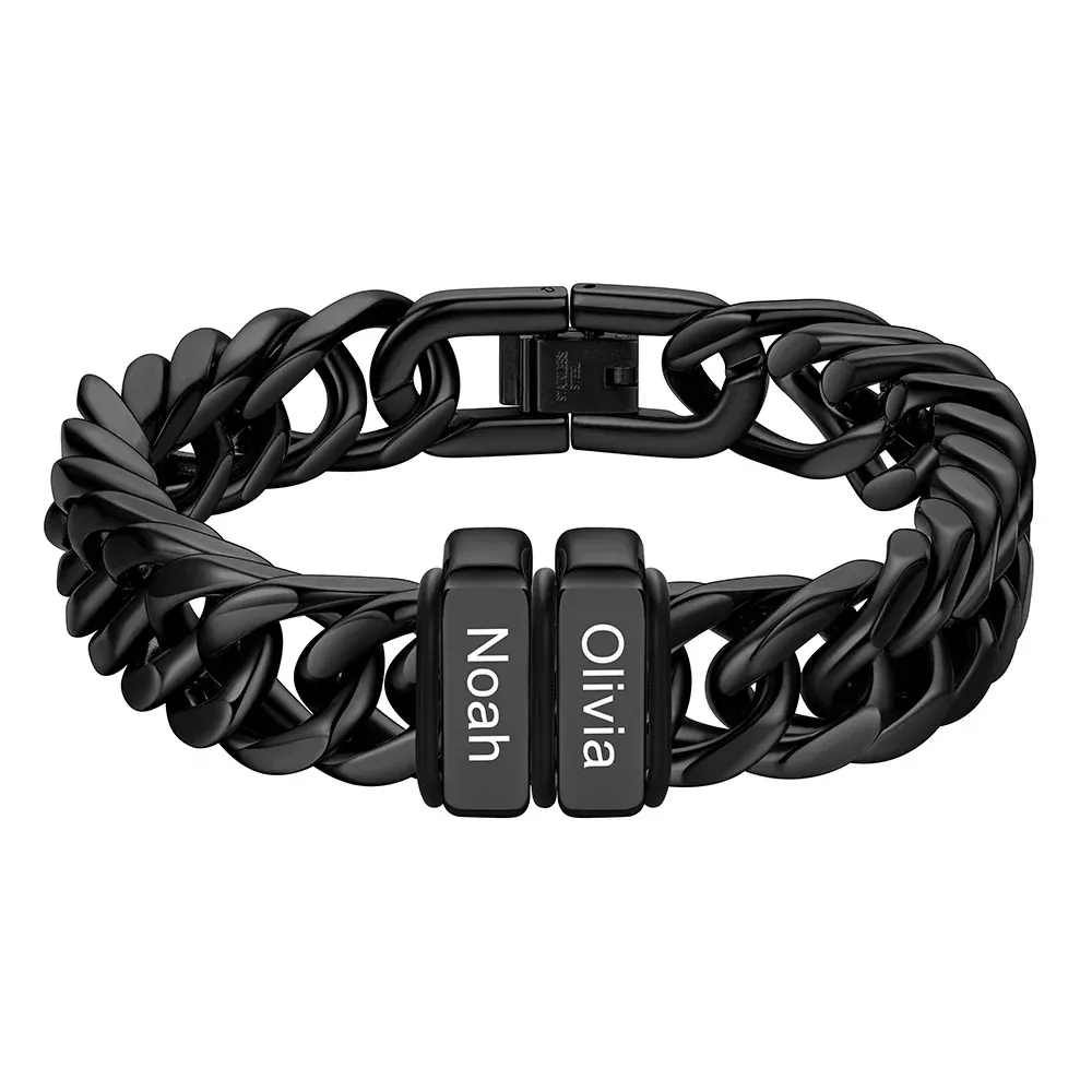 Bracelet noir Personnalisé avec 2 Perles Gravées et Chaîne Cubaine pour Homme 12 mm