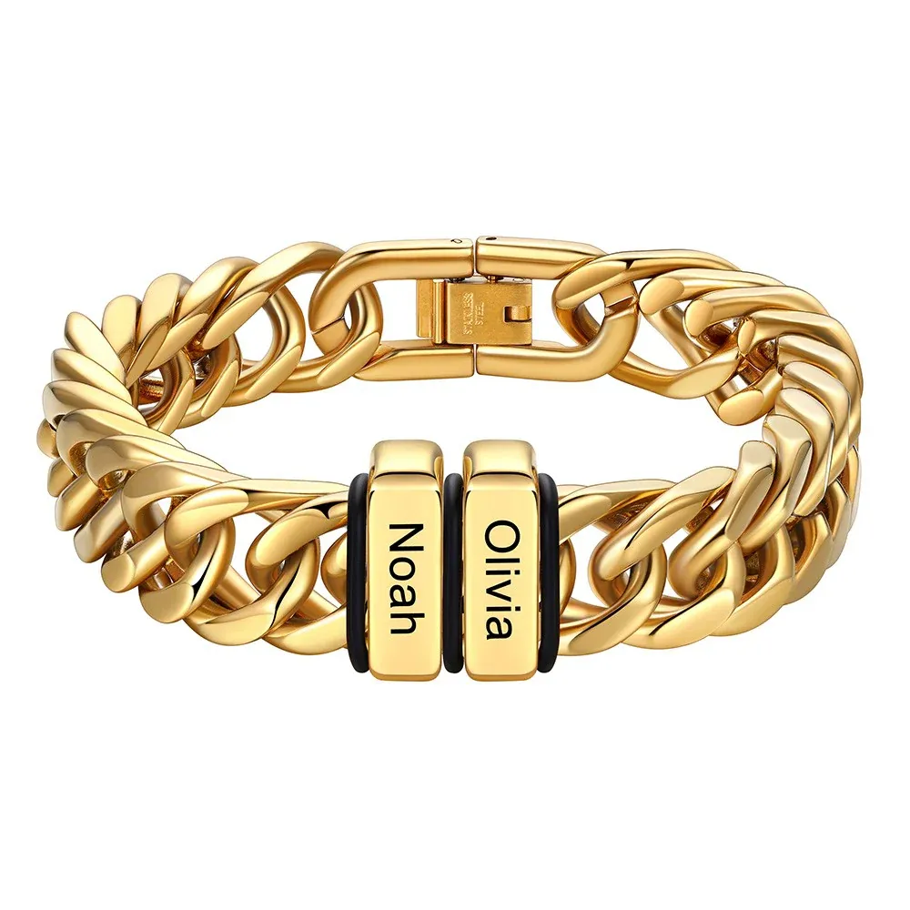 Bracelet or Personnalisé avec 2 Perles Gravées et Chaîne Cubaine pour Homme 12 cm