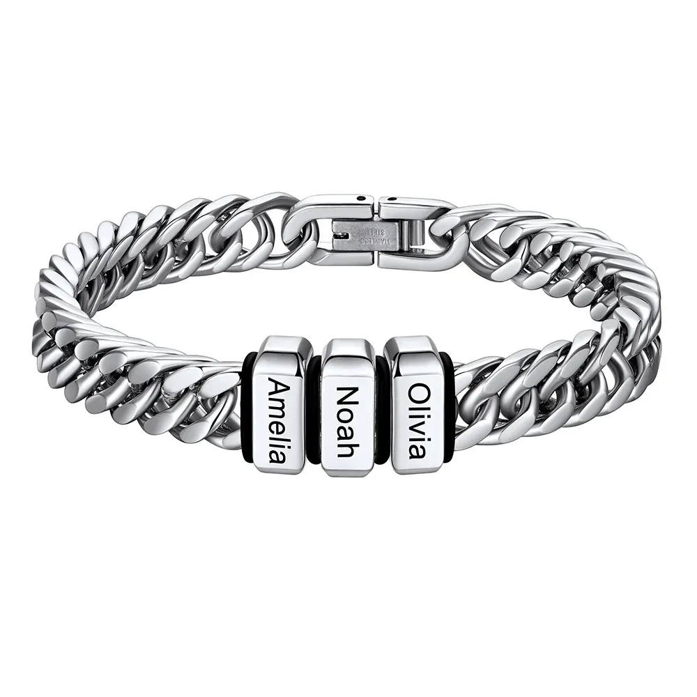 Bracelet Personnalisé avec 3 Perles Gravées et Chaîne Cubaine pour Homme
