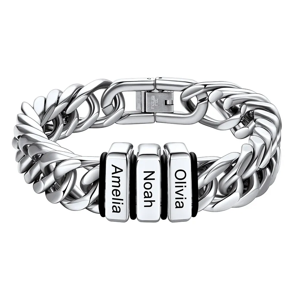 Bracelet Personnalisé avec 3 Perles Gravées et Chaîne Cubaine pour Homme  12 cm