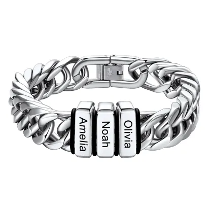 Bracelet Personnalisé avec 3 Perles Gravées et Chaîne Cubaine pour Homme  12 cm