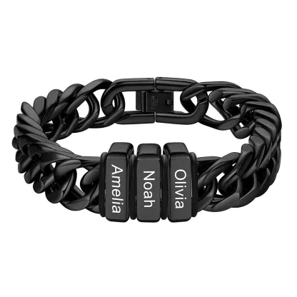 Bracelet noir Personnalisé avec 3 Perles Gravées et Chaîne Cubaine pour Homme 12 mm