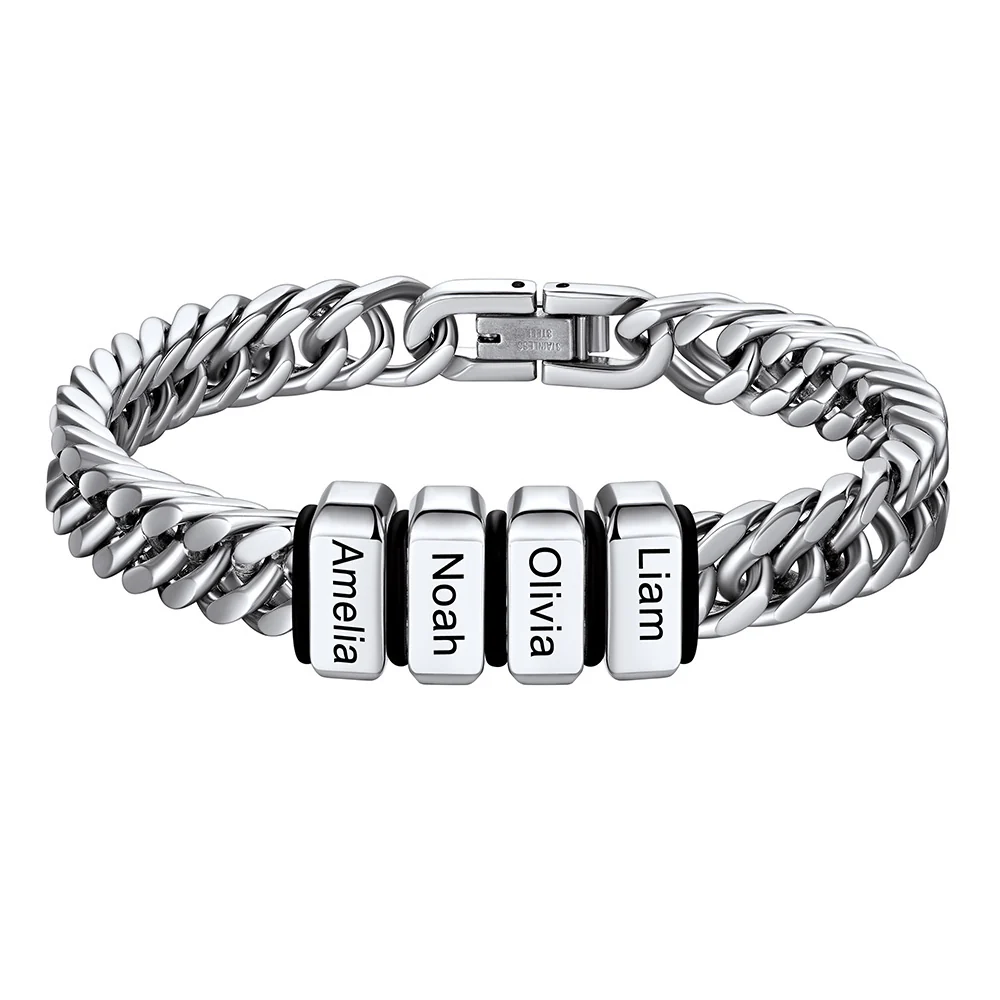 Bracelet Personnalisé avec 4 Perles Gravées et Chaîne Cubaine pour Homme
