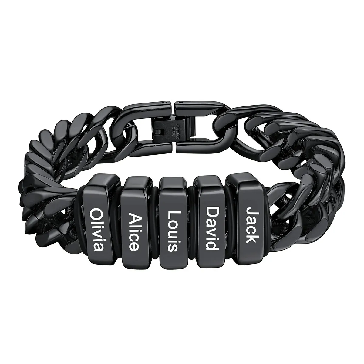 Bracelet noir Personnalisé avec 5 Perles Gravées et Chaîne Cubaine pour Homme 12 mm