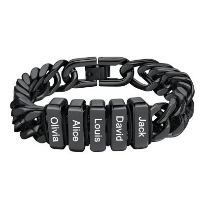 Bracelet noir Personnalisé avec 5 Perles Gravées et Chaîne Cubaine pour Homme 12 mm