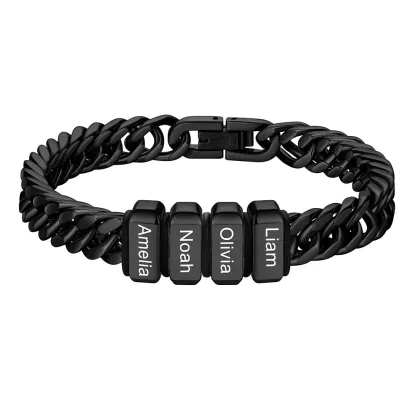 Bracelet noir Personnalisé avec 4 Perles Gravées et Chaîne Cubaine pour Homme