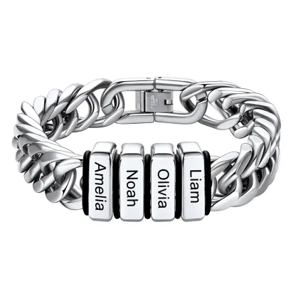Bracelet Personnalisé avec 4 Perles Gravées et Chaîne Cubaine pour Homme  12 cm