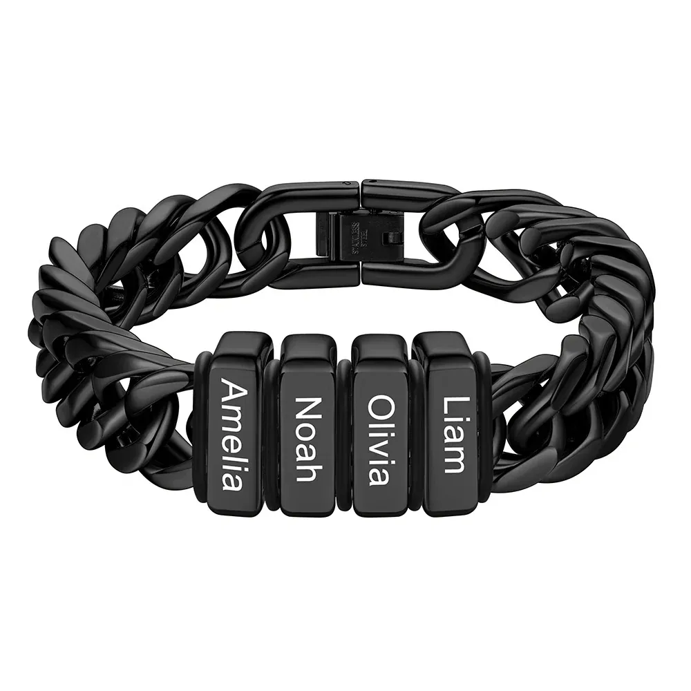 Bracelet noir Personnalisé avec 4 Perles Gravées et Chaîne Cubaine pour Homme 12 mm