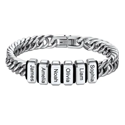 Bracelet Personnalisé avec 6 Perles Gravées et Chaîne Cubaine pour Homme