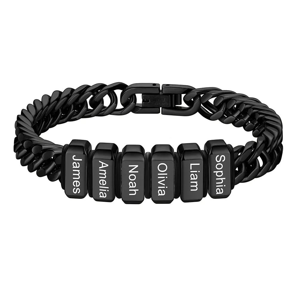 Bracelet noir Personnalisé avec 6 Perles Gravées et Chaîne Cubaine pour Homme