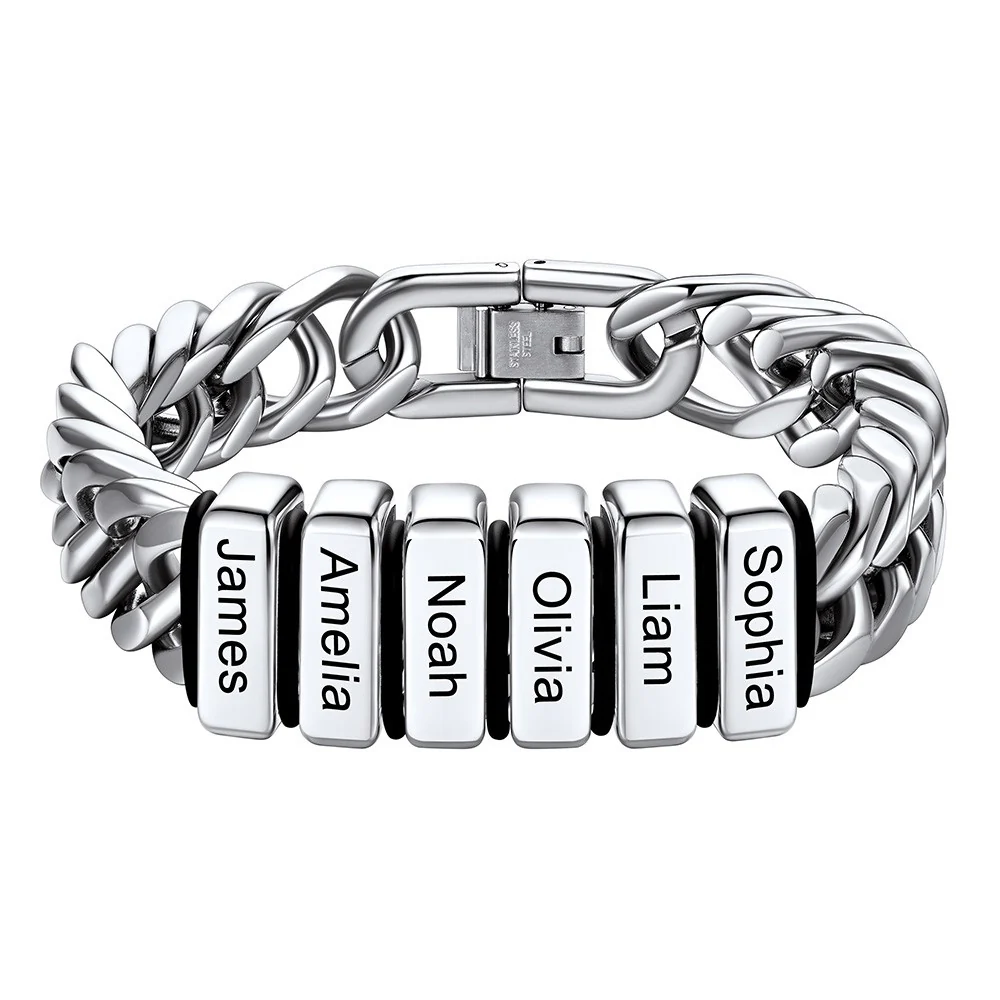 Bracelet Personnalisé avec 6 Perles Gravées et Chaîne Cubaine pour Homme  12 cm