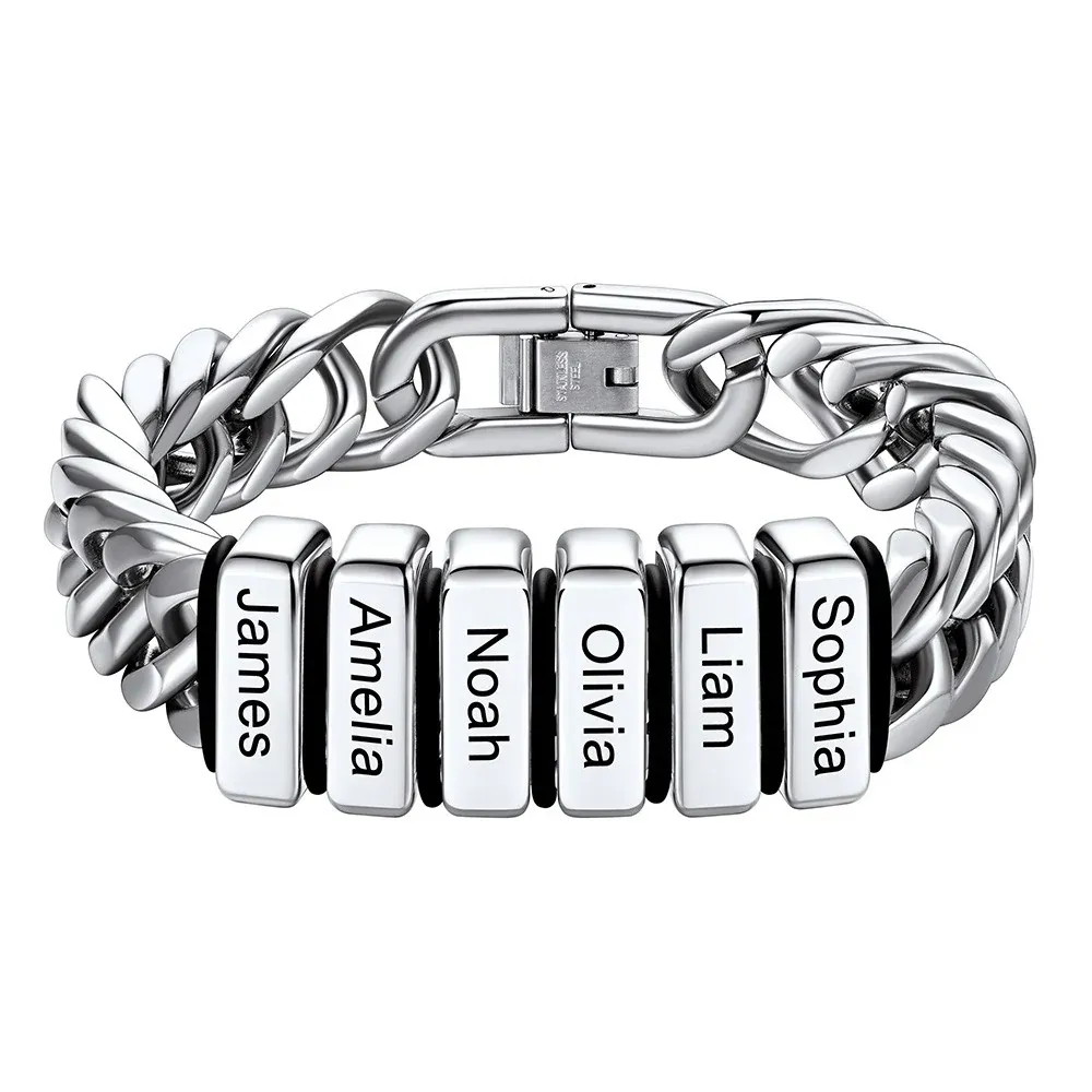 Bracelet Personnalisé avec 6 Perles Gravées et Chaîne Cubaine pour Homme  12 cm