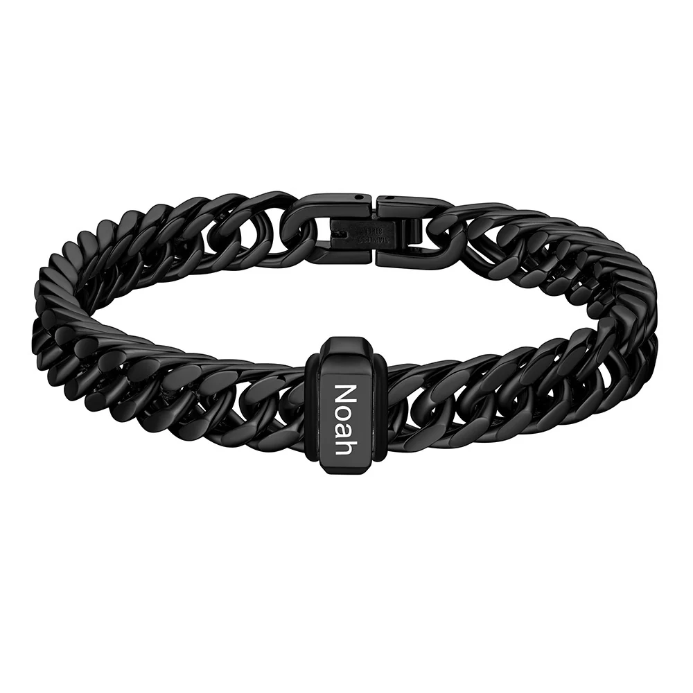 Bracelet noir Personnalisé avec 1 Perles Gravées et Chaîne Cubaine pour Homme