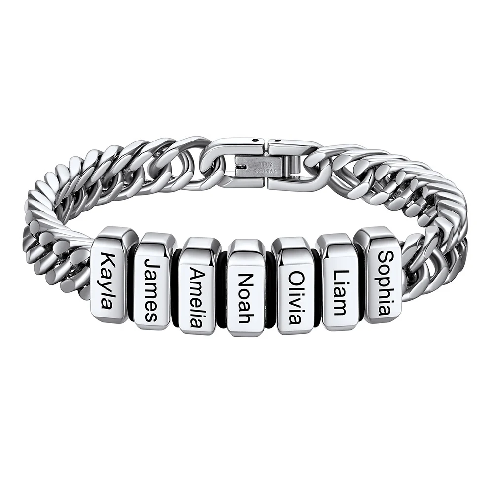 Bracelet Personnalisé avec 7 Perles Gravées et Chaîne Cubaine pour Homme