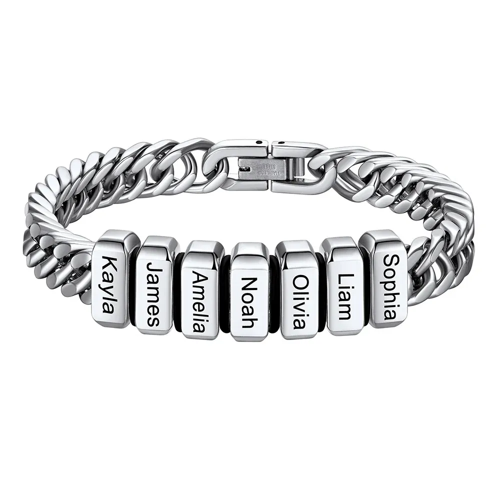 Bracelet Personnalisé avec 7 Perles Gravées et Chaîne Cubaine pour Homme