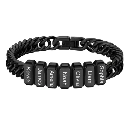 Bracelet noir Personnalisé avec 7 Perles Gravées et Chaîne Cubaine pour Homme