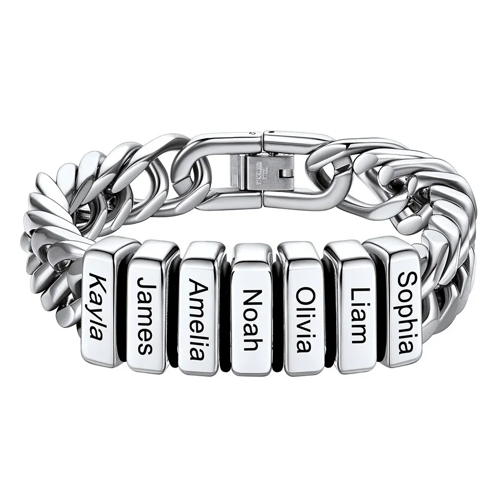 Bracelet Personnalisé avec 7 Perles Gravées et Chaîne Cubaine pour Homme  12 cm
