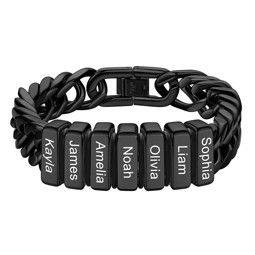 Bracelet noir Personnalisé avec 7 Perles Gravées et Chaîne Cubaine pour Homme 12 mm