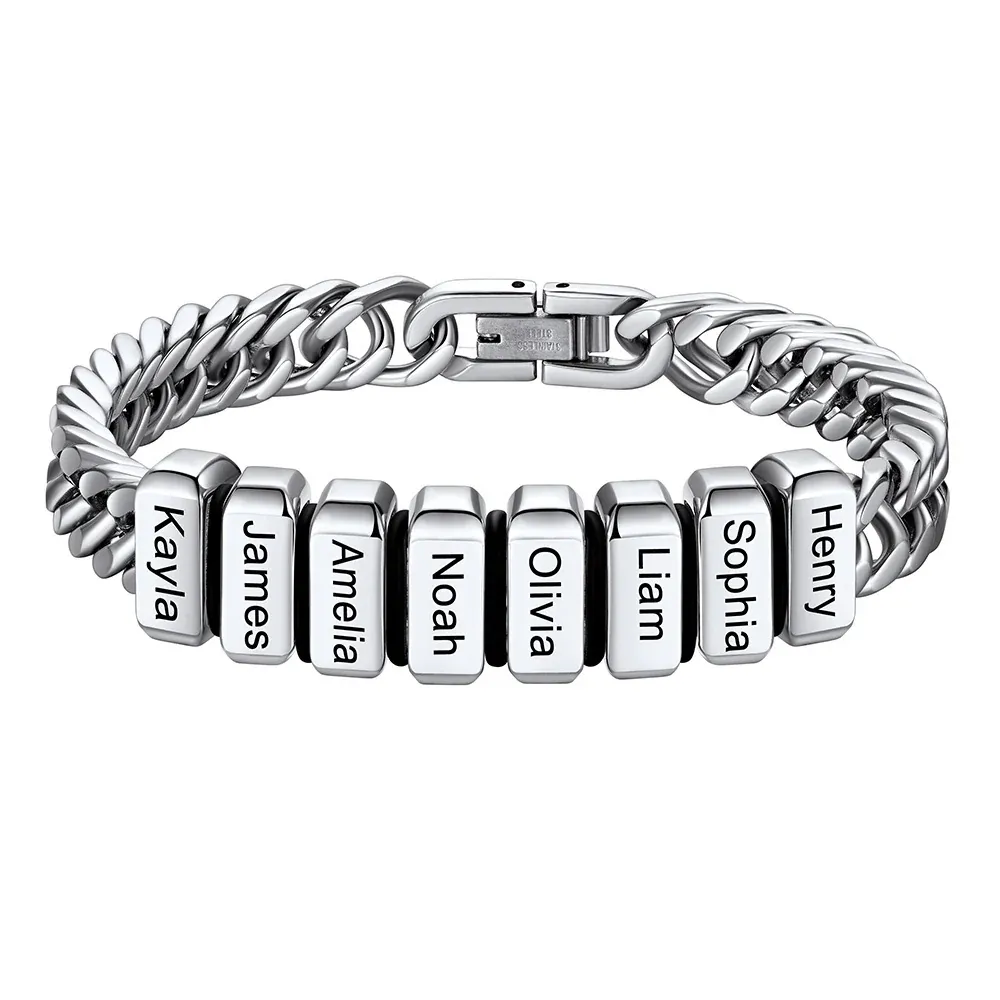 Bracelet Personnalisé avec 8 Perles Gravées et Chaîne Cubaine pour Homme