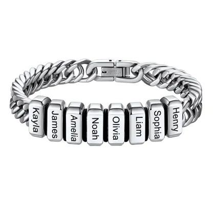 Bracelet Personnalisé avec 8 Perles Gravées et Chaîne Cubaine pour Homme
