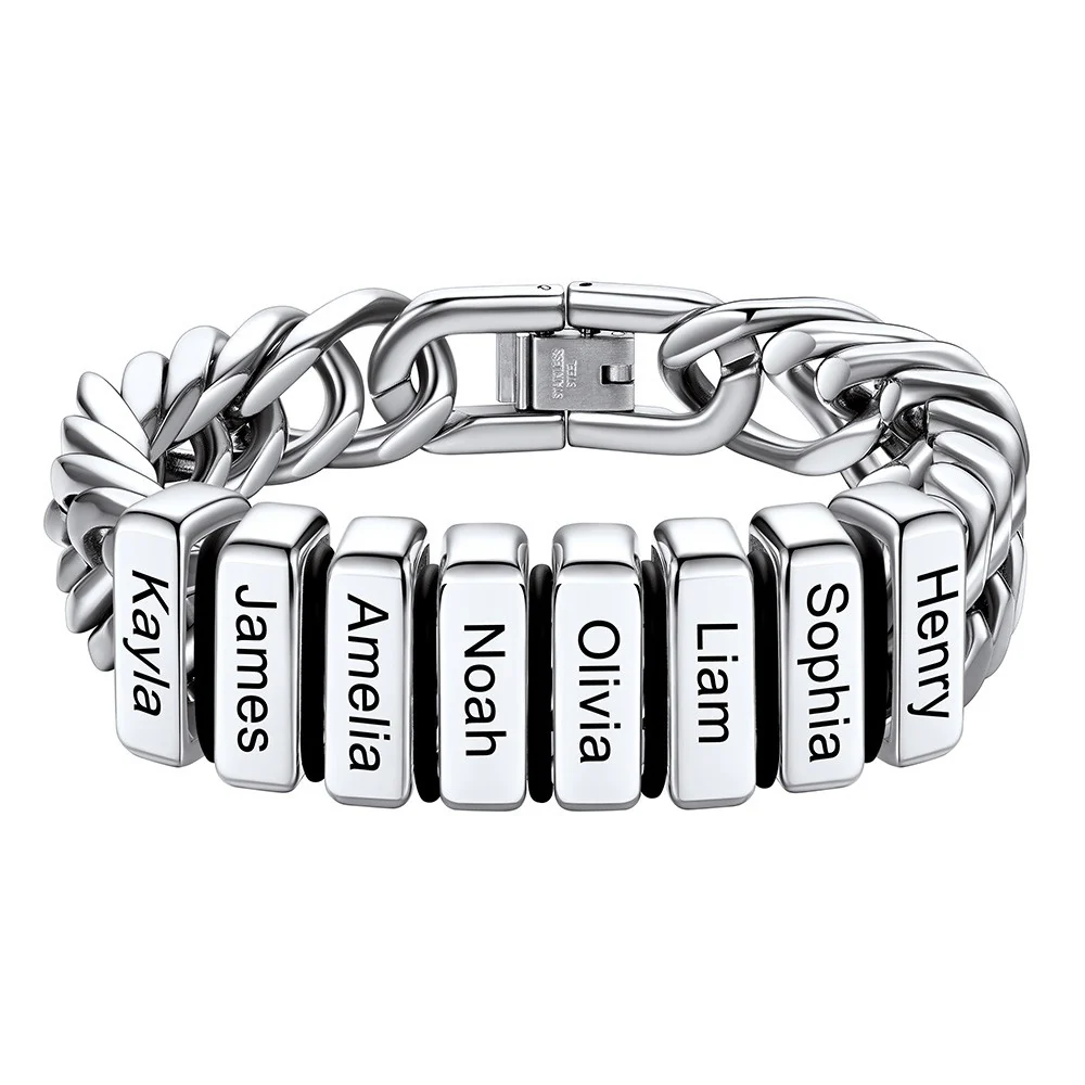 Bracelet Personnalisé avec 8 Perles Gravées et Chaîne Cubaine pour Homme  12 cm