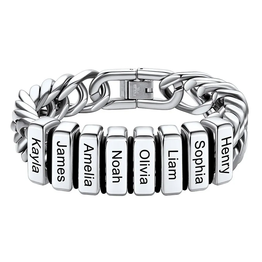 Bracelet Personnalisé avec 8 Perles Gravées et Chaîne Cubaine pour Homme  12 cm