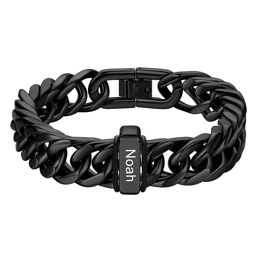 Bracelet noir Personnalisé avec 1 Perles Gravées et Chaîne Cubaine pour Homme 12 mm