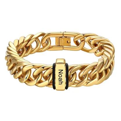 Bracelet or Personnalisé avec 1 Perles Gravées et Chaîne Cubaine pour Homme 12 cm