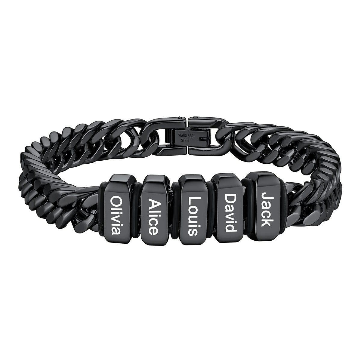 Bracelet noir Personnalisé avec 5 Perles Gravées et Chaîne Cubaine pour Homme